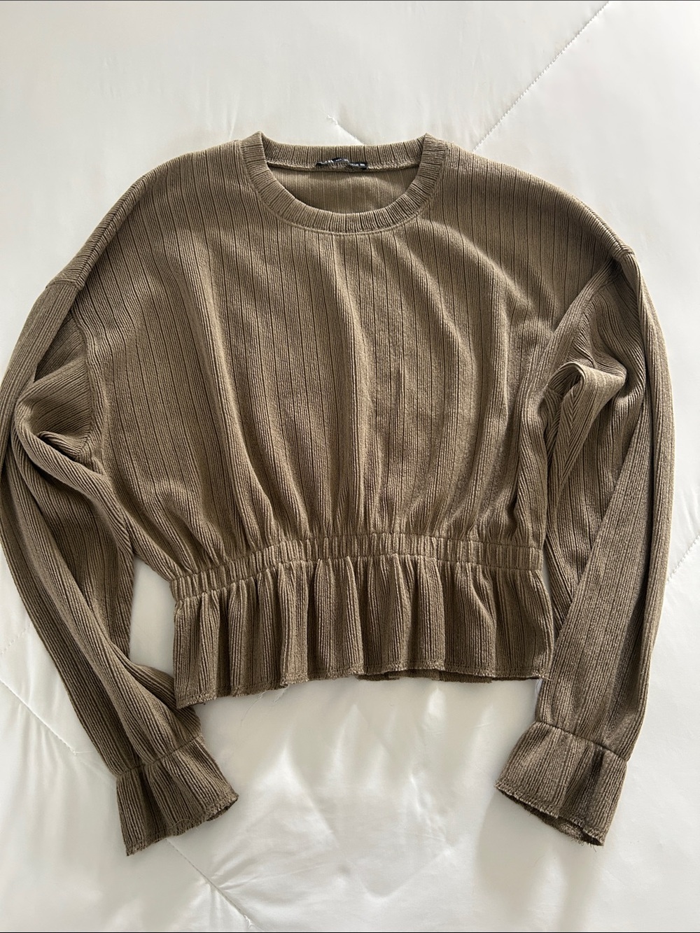 Zara Ribbed Cinch-Waist Sweatshirt in Taupe Brown